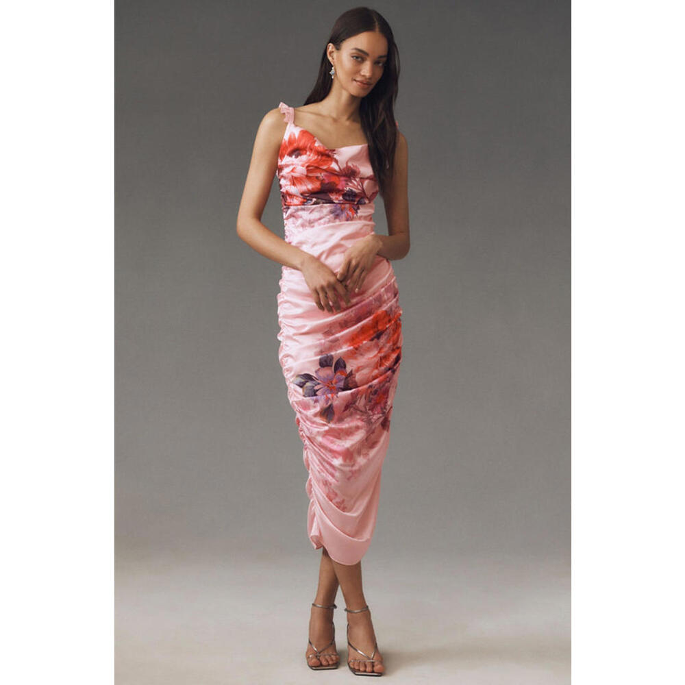 Anthropologie x BHLDN - Pink Floral Ruched Midi Dress with Ruffle Straps, Size S